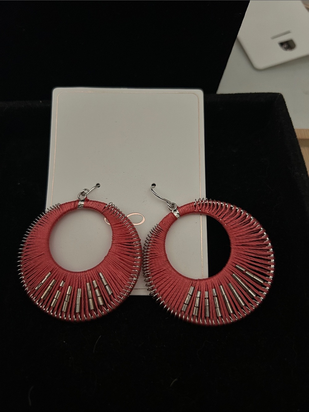 Coral Thread Wrapped Hoop Earrings with Silver Accents